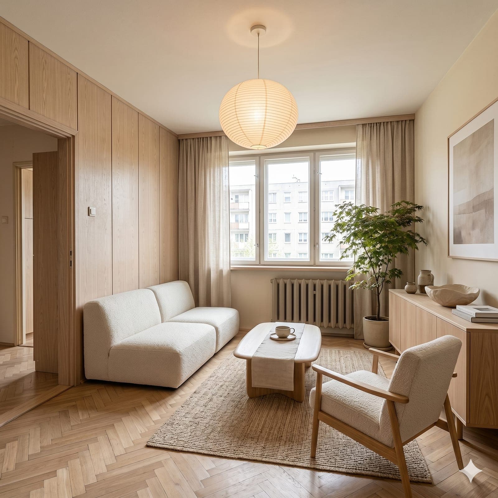 Salon w Gdyni w stylu Japandi, render Dekorai